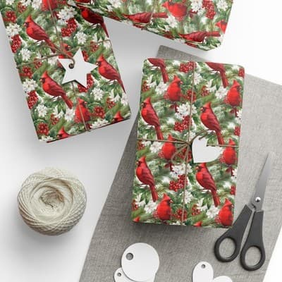 Cardinal Christmas Wrapping Paper Bird and Holly Gift Wrap | Winter Wonderland - Thumbnail 3
