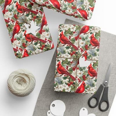 Cardinal Christmas Wrapping Paper | Bird and Holly Gift Wrap | Winter Wonderland