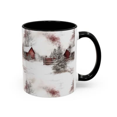 Rustic Winter Scene Coffee Mug, Holiday Gift, Cozy Cabin Decor, Snowy Farm Cup - Thumbnail 2