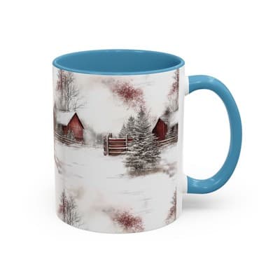 Rustic Winter Scene Coffee Mug, Holiday Gift, Cozy Cabin Decor, Snowy Farm Cup - Thumbnail 2