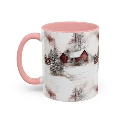 Rustic Winter Scene Coffee Mug, Holiday Gift, Cozy Cabin Decor, Snowy Farm Cup - Thumbnail 3