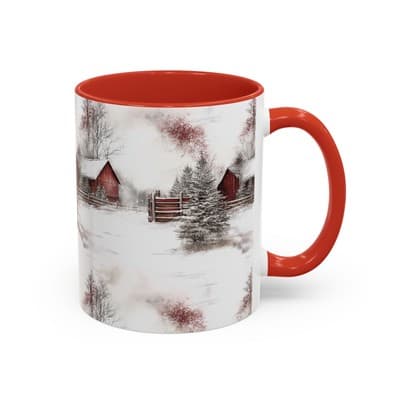 Rustic Winter Scene Coffee Mug, Holiday Gift, Cozy Cabin Decor, Snowy Farm Cup - Thumbnail 2