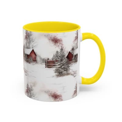Rustic Winter Scene Coffee Mug, Holiday Gift, Cozy Cabin Decor, Snowy Farm Cup - Thumbnail 2
