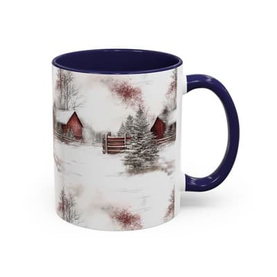 Rustic Winter Scene Coffee Mug, Holiday Gift, Cozy Cabin Decor, Snowy Farm Cup - Thumbnail 2