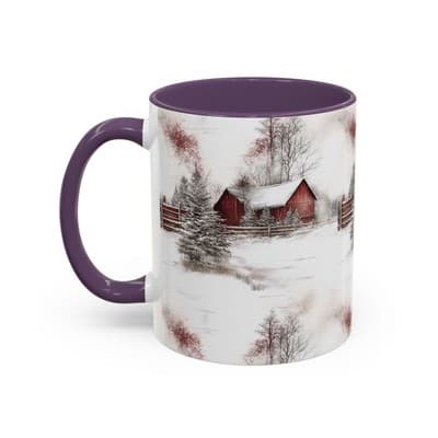 Rustic Winter Scene Coffee Mug, Holiday Gift, Cozy Cabin Decor, Snowy Farm Cup - Thumbnail 3