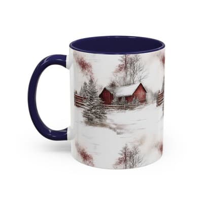 Rustic Winter Scene Coffee Mug, Holiday Gift, Cozy Cabin Decor, Snowy Farm Cup - Thumbnail 3