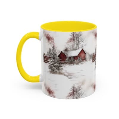 Rustic Winter Scene Coffee Mug, Holiday Gift, Cozy Cabin Decor, Snowy Farm Cup - Thumbnail 3