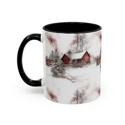 Rustic Winter Scene Coffee Mug, Holiday Gift, Cozy Cabin Decor, Snowy Farm Cup - Thumbnail 3