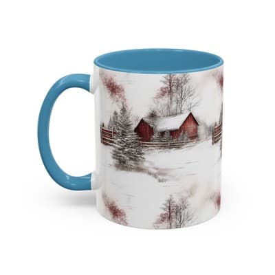 Rustic Winter Scene Coffee Mug, Holiday Gift, Cozy Cabin Decor, Snowy Farm Cup - Thumbnail 3