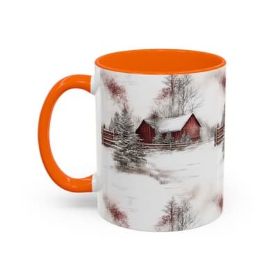 Rustic Winter Scene Coffee Mug, Holiday Gift, Cozy Cabin Decor, Snowy Farm Cup - Thumbnail 3