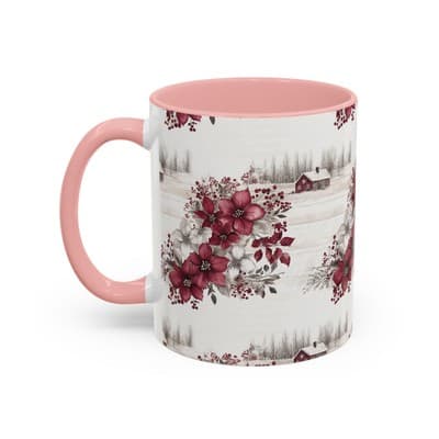 Winter Floral Coffee Mug 11oz 15oz | Holiday Gift | Cozy Red White Cup Decor - Thumbnail 3