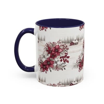 Winter Floral Coffee Mug 11oz 15oz | Holiday Gift | Cozy Red White Cup Decor - Thumbnail 3