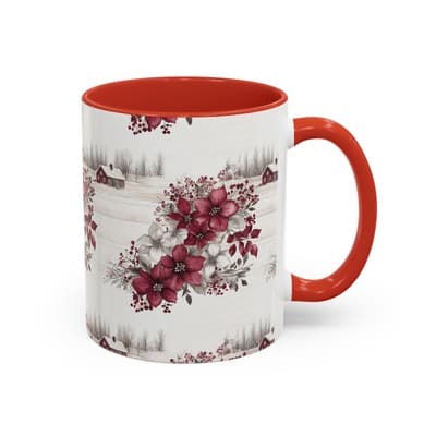 Winter Floral Coffee Mug 11oz 15oz | Holiday Gift | Cozy Red White Cup Decor - Thumbnail 2