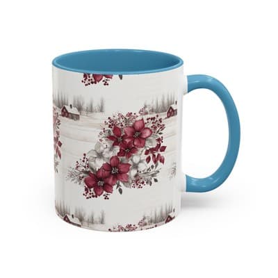 Winter Floral Coffee Mug 11oz 15oz | Holiday Gift | Cozy Red White Cup Decor - Thumbnail 2