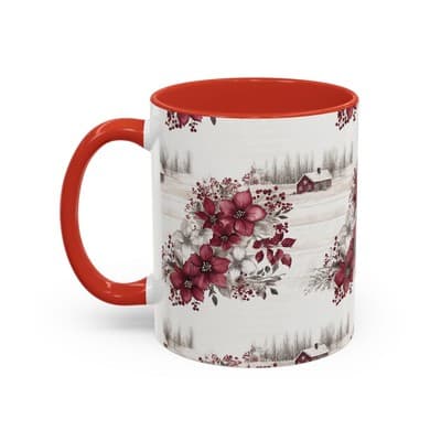 Winter Floral Coffee Mug 11oz 15oz | Holiday Gift | Cozy Red White Cup Decor - Thumbnail 3