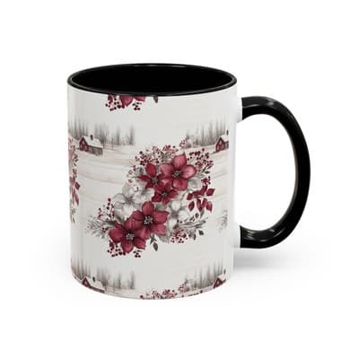 Winter Floral Coffee Mug 11oz 15oz | Holiday Gift | Cozy Red White Cup Decor - Thumbnail 2