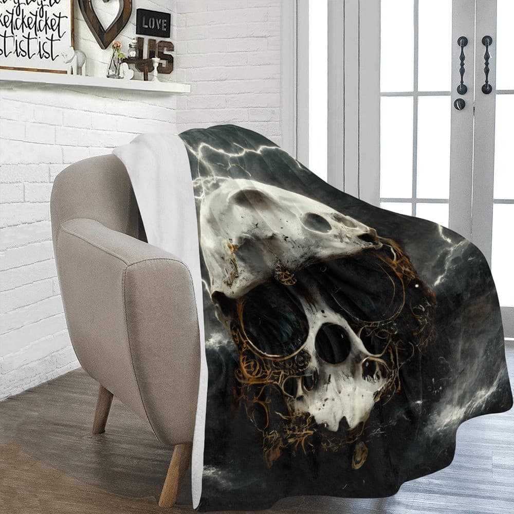 Storm Skull Fleece Blanket 60x80 – Gothic Lightning Throw, Halloween Gift - Thumbnail 3