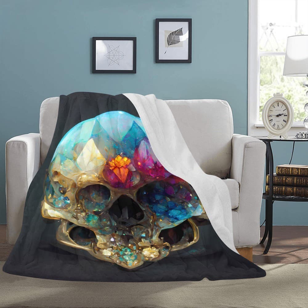 Crystal Skull Fleece Blanket 60x80 – Gothic Cozy Throw, Unique Gift for Him Her - Thumbnail 2