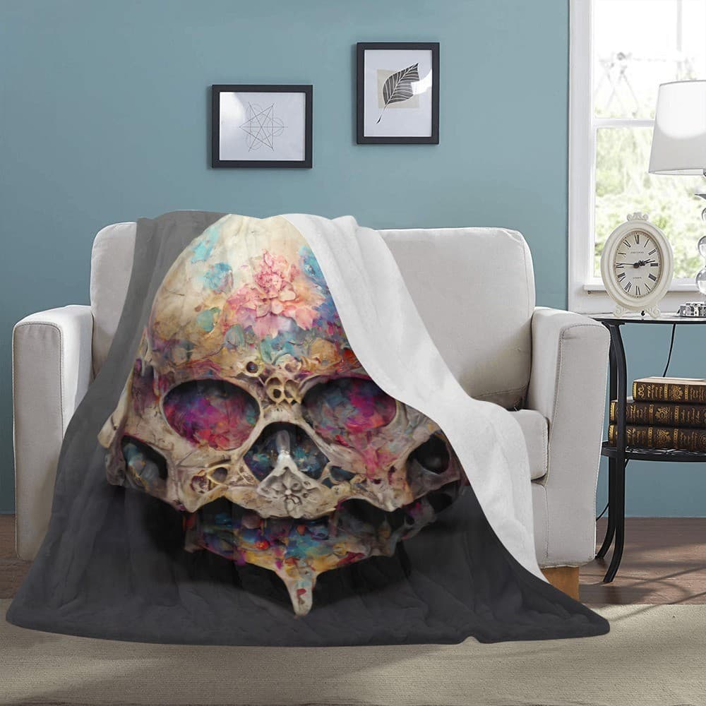 Floral Skull Fleece Blanket 60x80 – Gothic Cozy Throw, Halloween Gift for Him/He - Thumbnail 2