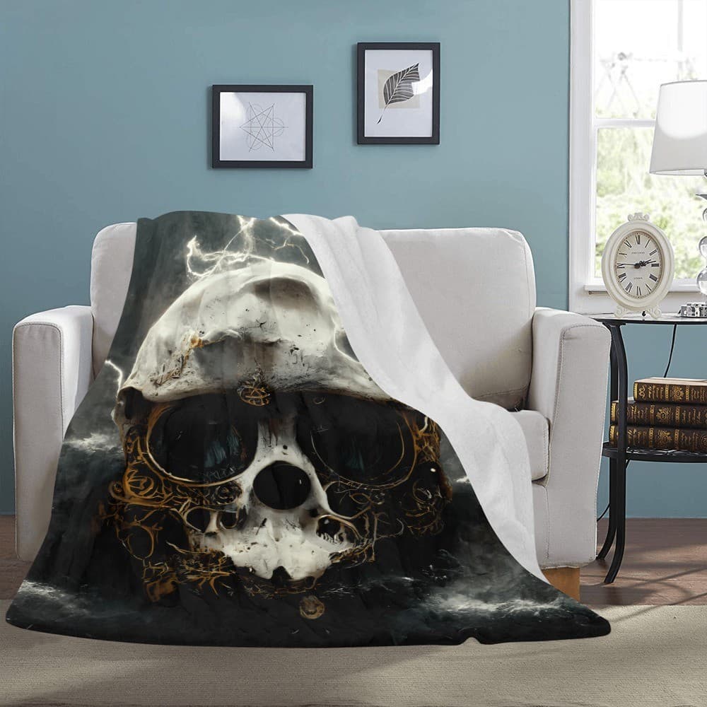 Storm Skull Fleece Blanket 60x80 – Gothic Lightning Throw, Halloween Gift - Thumbnail 4
