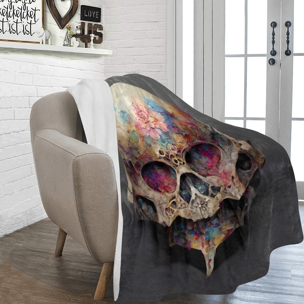 Floral Skull Fleece Blanket 60x80 – Gothic Cozy Throw, Halloween Gift for Him/He - Thumbnail 3