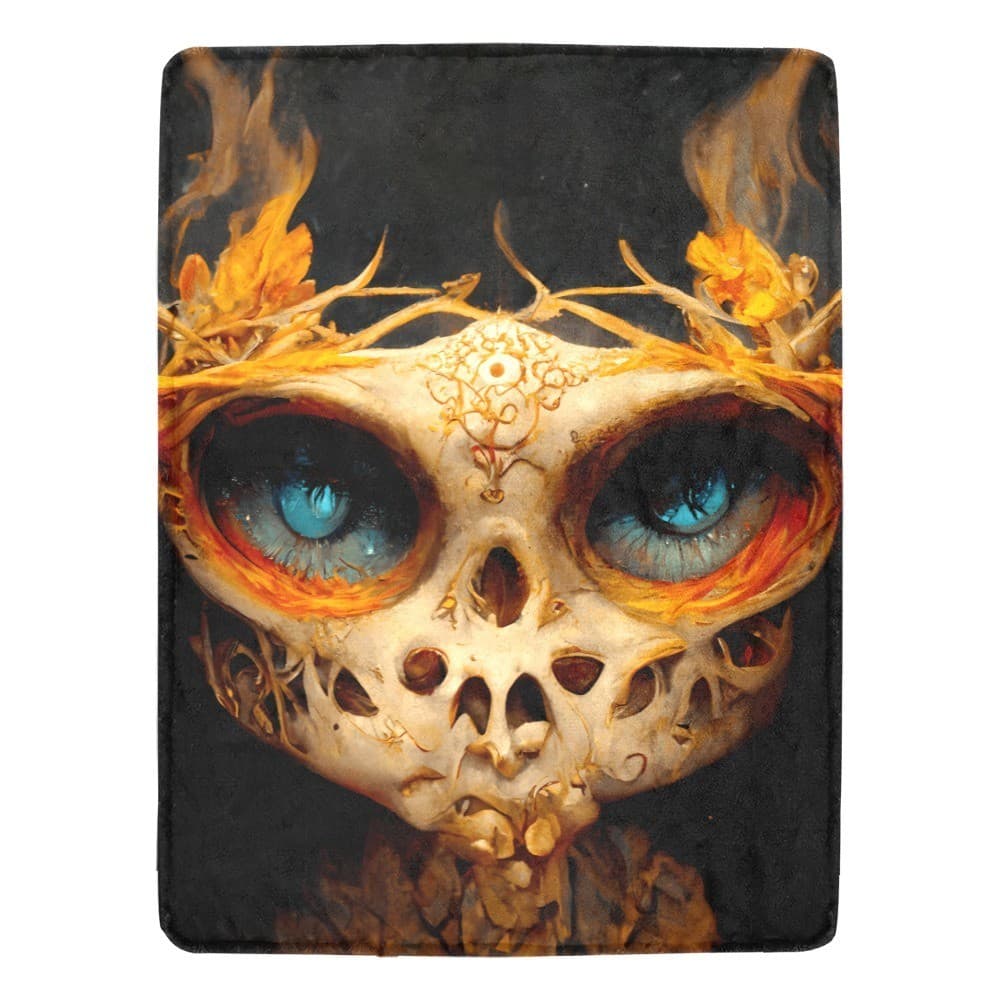 Flaming Skull Fleece Blanket 60x80 – Gothic Fire Eyes Throw, Halloween Gift Déco