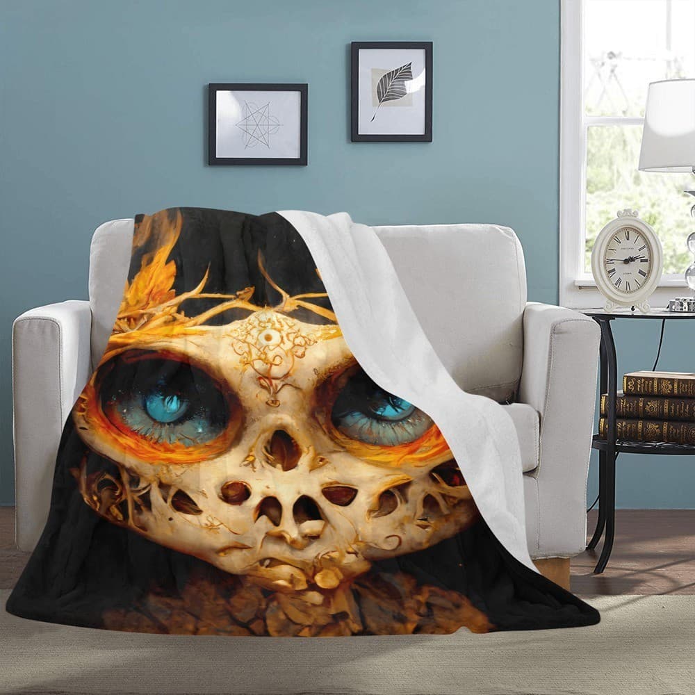 Flaming Skull Fleece Blanket 60x80 – Gothic Fire Eyes Throw, Halloween Gift Déco - Thumbnail 4