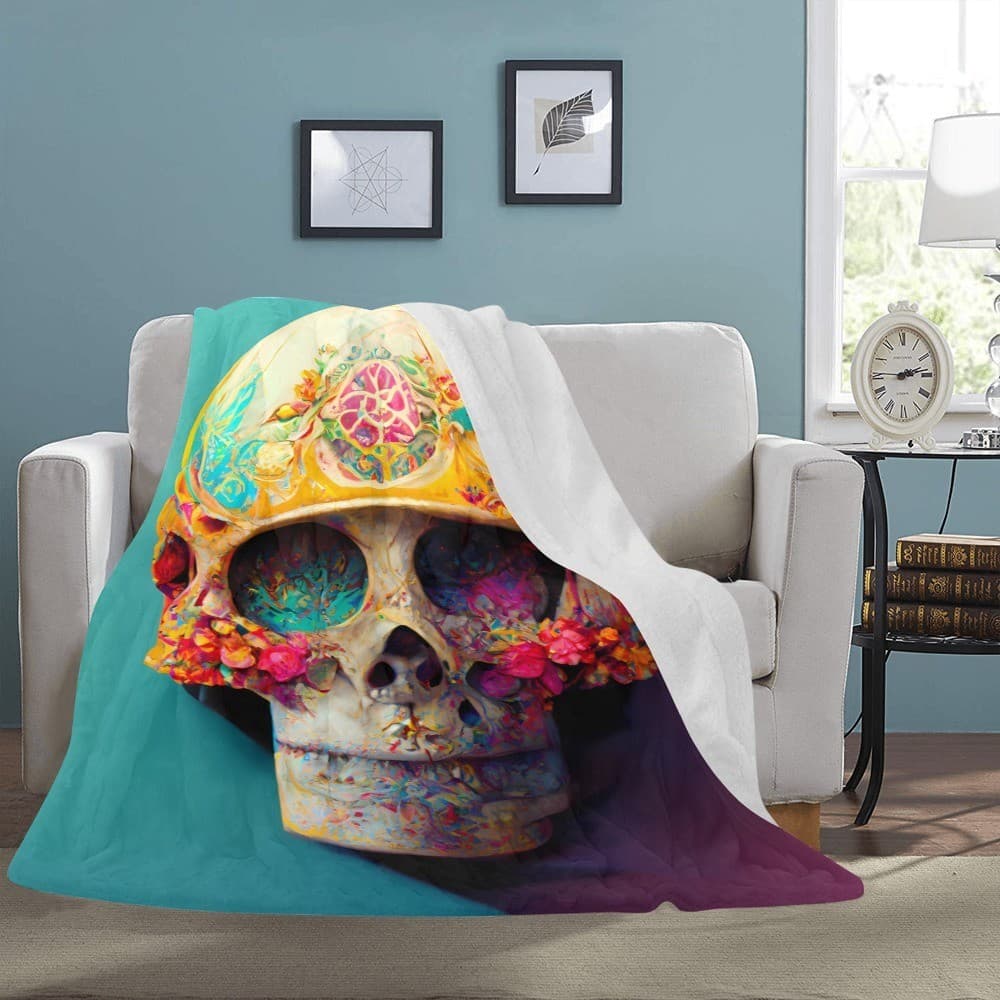 Day of the Dead Skull Fleece Blanket 60x80 – Colorful Cozy Throw, Gothic Gift - Thumbnail 3