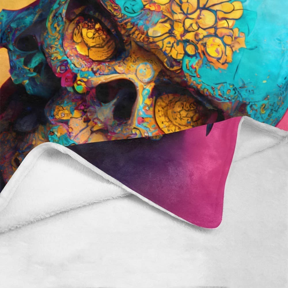 Teal Floral Skull Fleece Blanket 60x80 – Gothic Cozy Throw, Halloween Gift Idea - Thumbnail 4