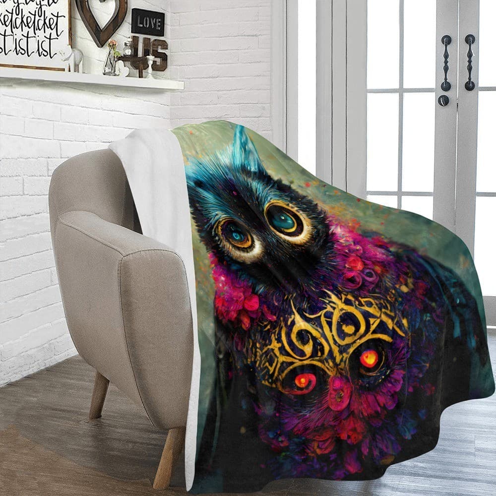 Colorful Owl Fleece Blanket 60x80 – Cozy Gothic Fantasy Throw, Gift for Owl Love - Thumbnail 3