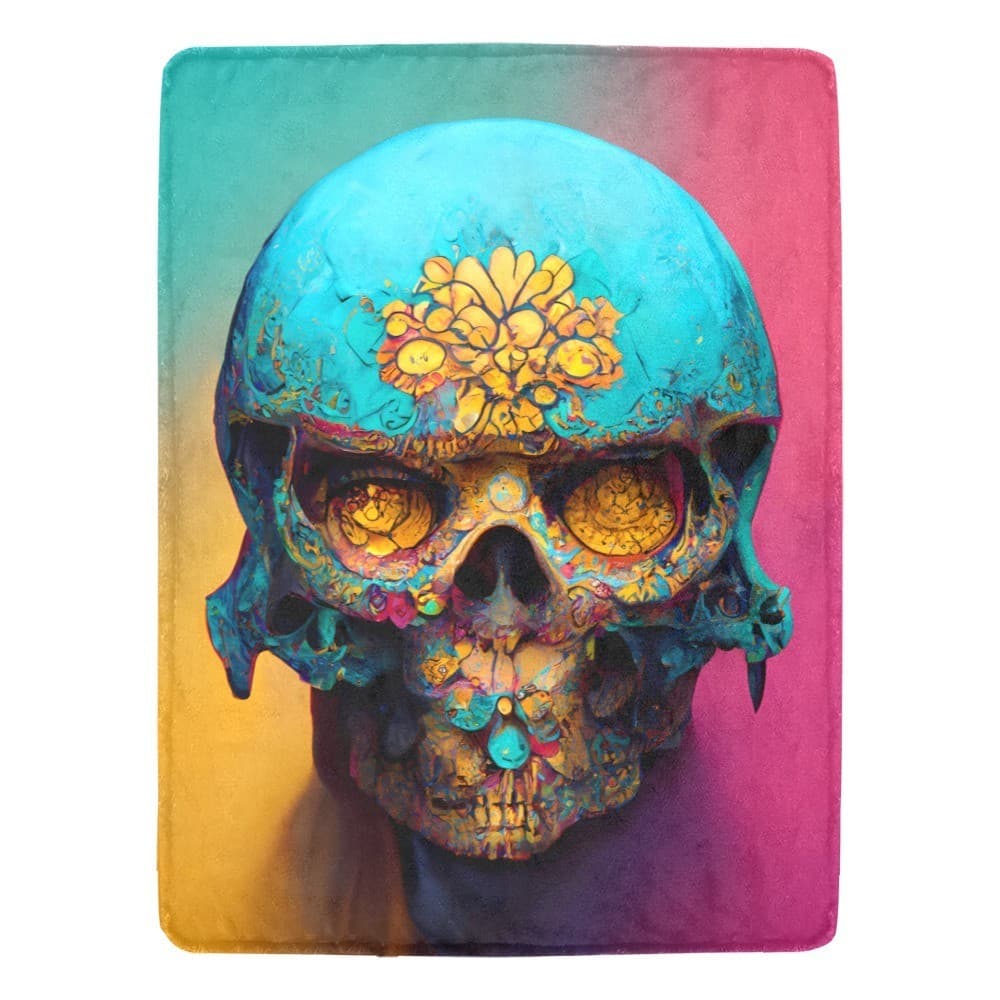 Teal Floral Skull Fleece Blanket 60x80 – Gothic Cozy Throw, Halloween Gift Idea