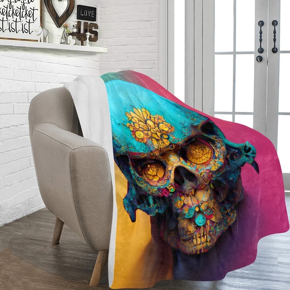 Teal Floral Skull Fleece Blanket 60x80 – Gothic Cozy Throw, Halloween Gift Idea - Thumbnail 3