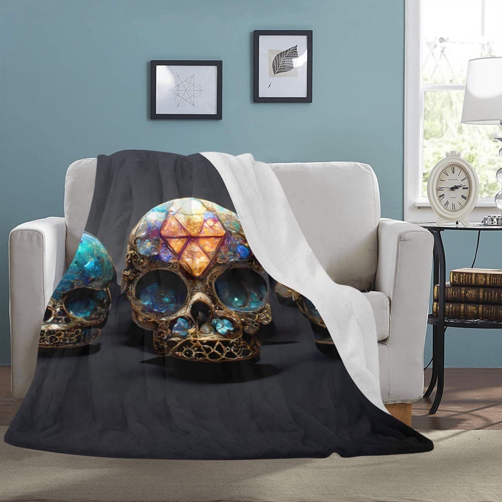 Crystal Skull Trio Fleece Blanket 60x80 – Gothic Gemstone Throw, Halloween Gift - Thumbnail 3