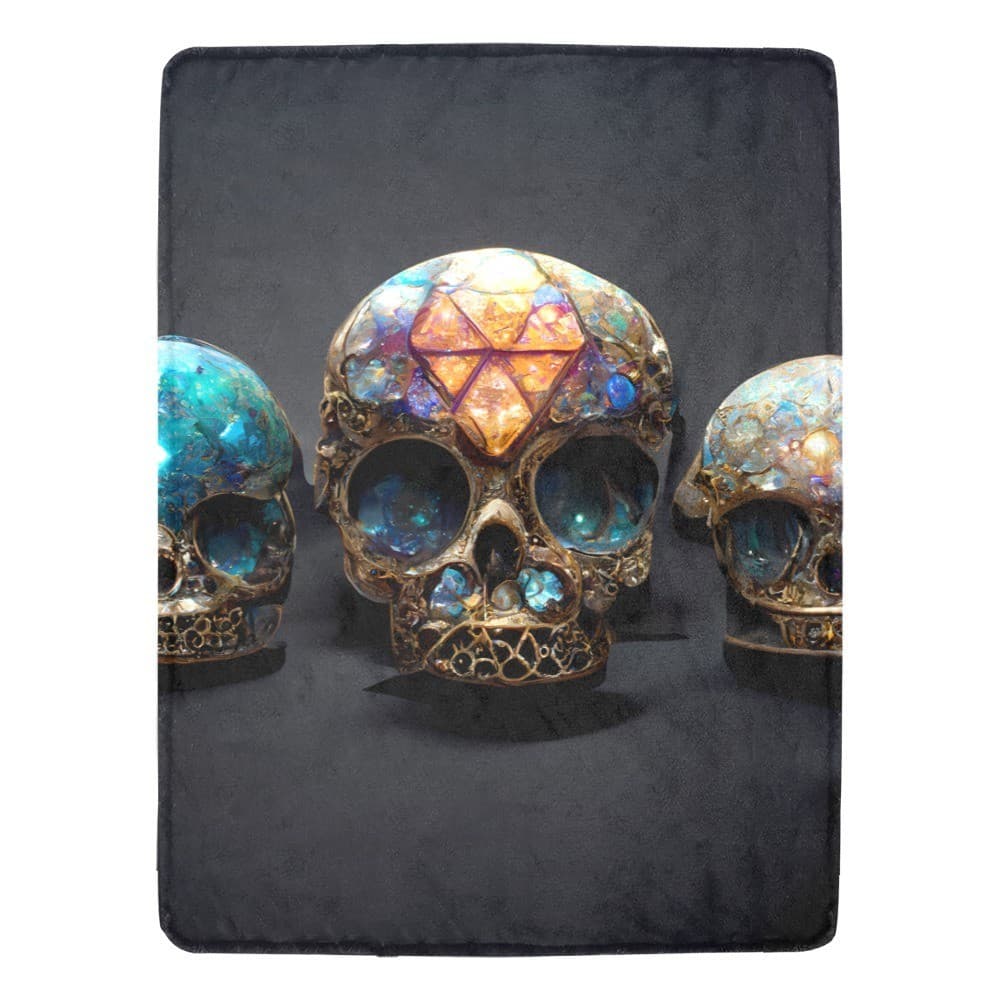 Crystal Skull Trio Fleece Blanket 60x80 – Gothic Gemstone Throw, Halloween Gift