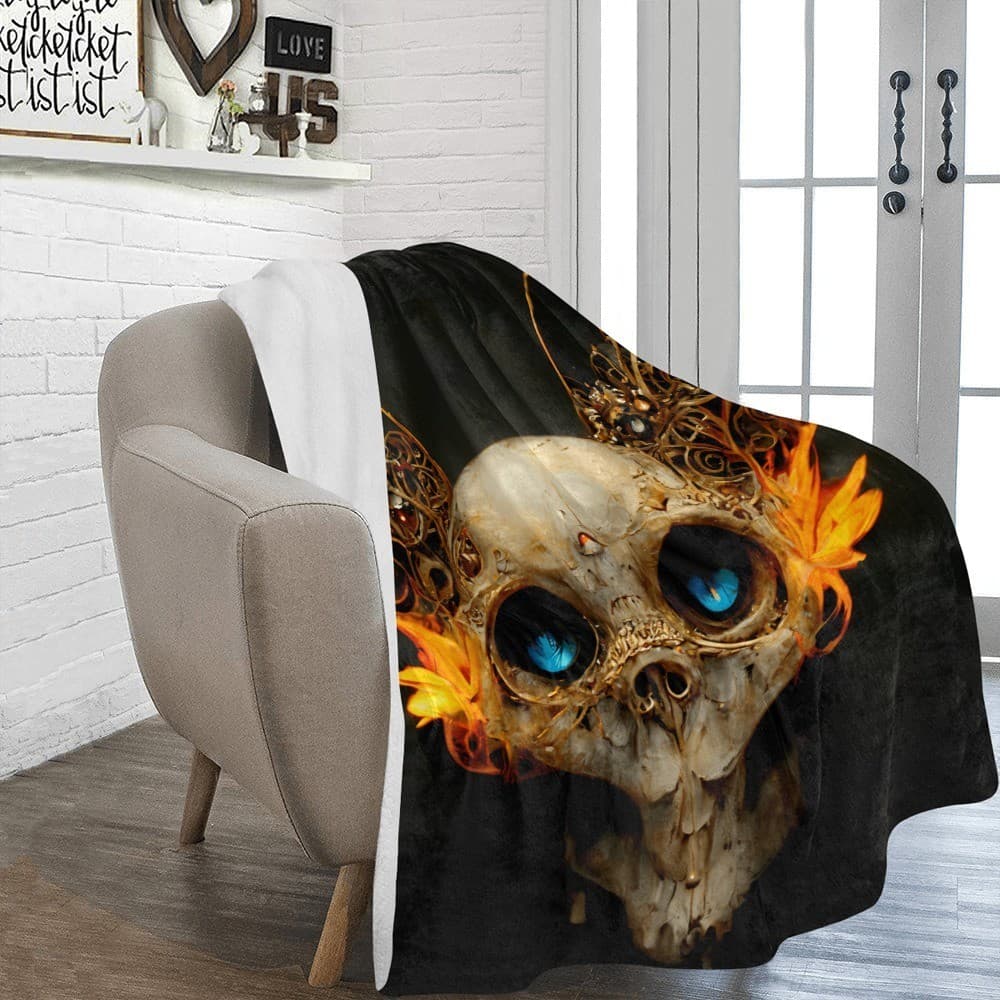 Fantasy Skull Fleece Blanket 60x80 – Gothic Cozy Throw Gift with Blue Eyes & Win - Thumbnail 3