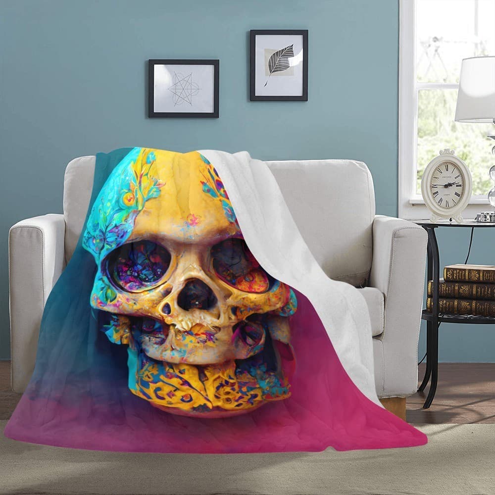 Colorful Skull Fleece Blanket 60x80 – Gothic Cozy Throw, Halloween & Birthday Gi - Thumbnail 2