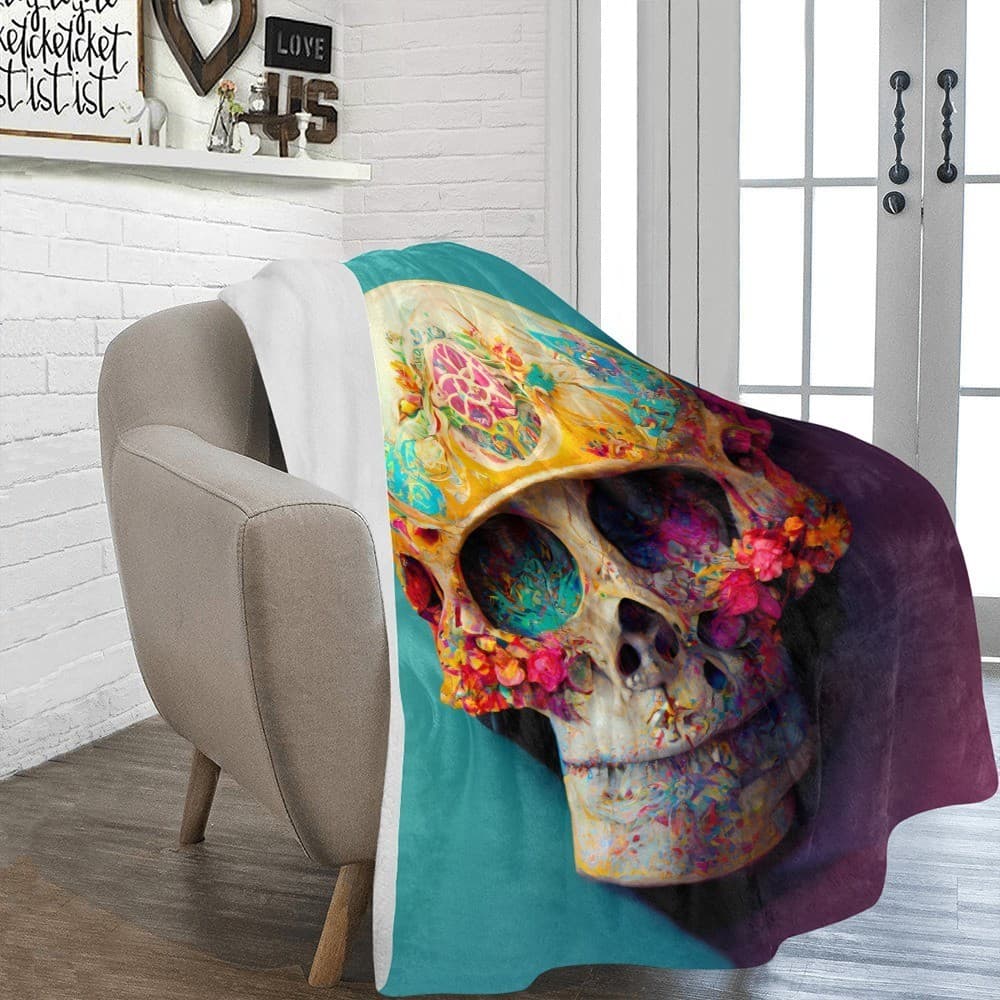 Day of the Dead Skull Fleece Blanket 60x80 – Colorful Cozy Throw, Gothic Gift - Thumbnail 2