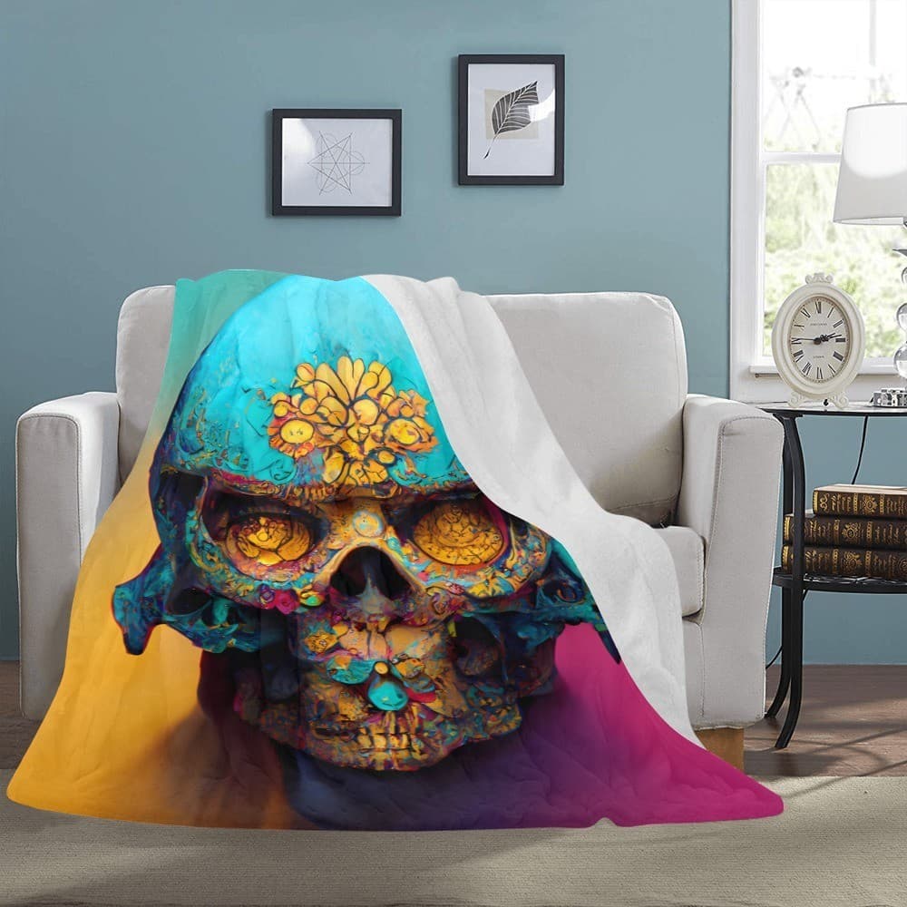 Teal Floral Skull Fleece Blanket 60x80 – Gothic Cozy Throw, Halloween Gift Idea - Thumbnail 2