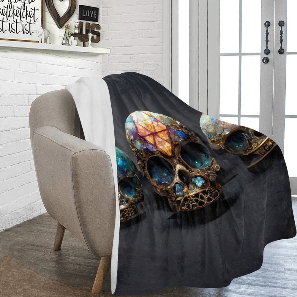 Crystal Skull Trio Fleece Blanket 60x80 – Gothic Gemstone Throw, Halloween Gift - Thumbnail 4