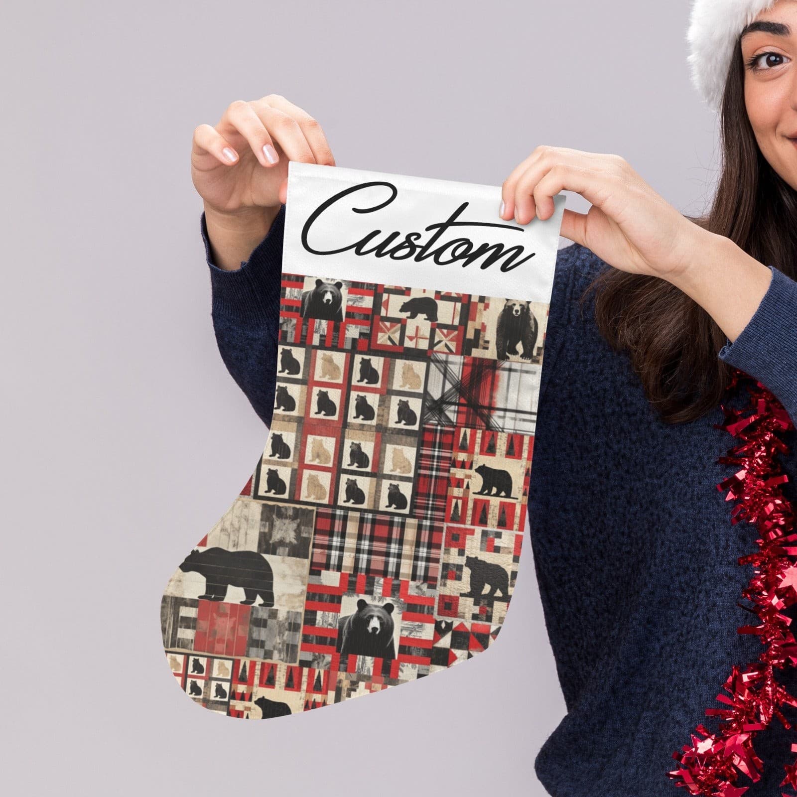 Rustic Bear Christmas Stocking – Personalized Custom Name Stocking, Cabin Lodge - Thumbnail 4