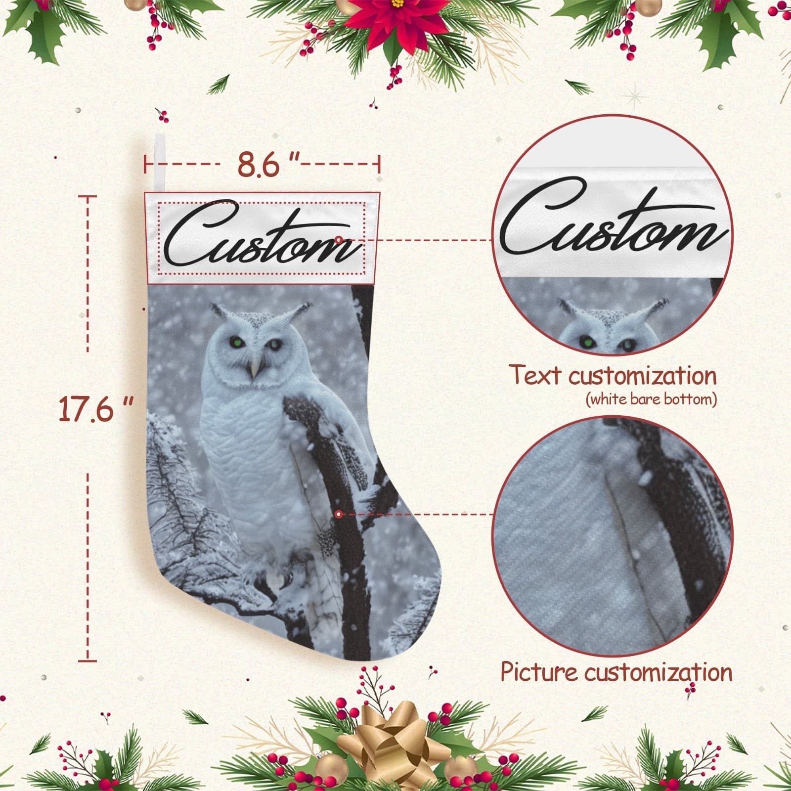 Personalized Snow Owl Christmas Stocking – Custom Name, Woodland Winter Decor - Thumbnail 3
