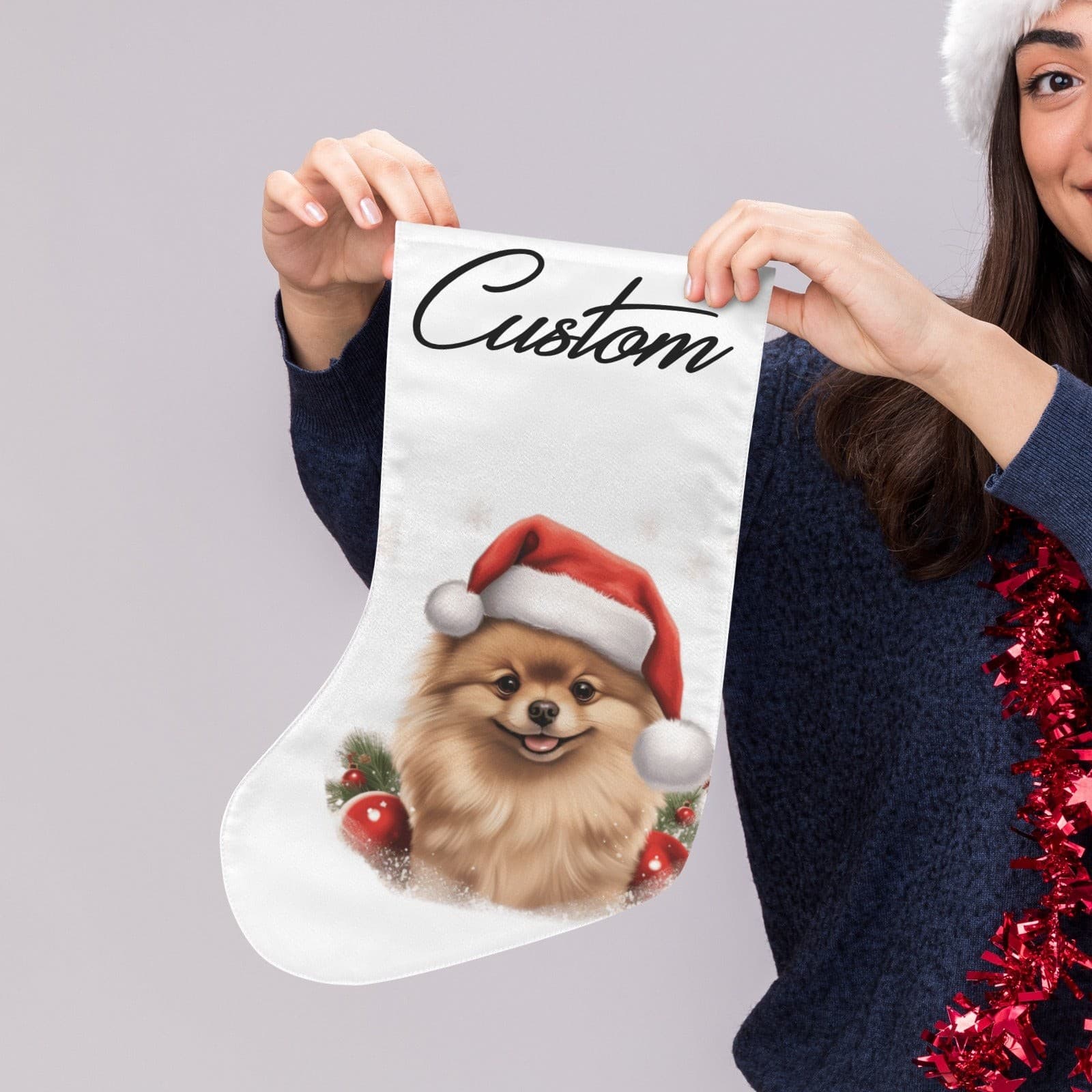 Custom Pomeranian Christmas Stocking – Personalized Dog Stocking with Santa Hat - Thumbnail 4