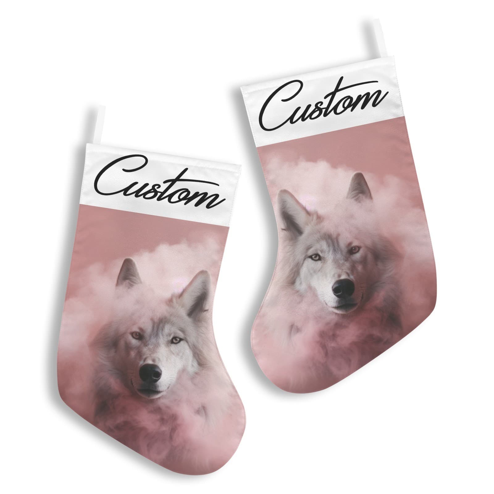 Custom Pink Cloud Wolf Christmas Stocking Personalized White Wolf Holiday Decor - Thumbnail 3