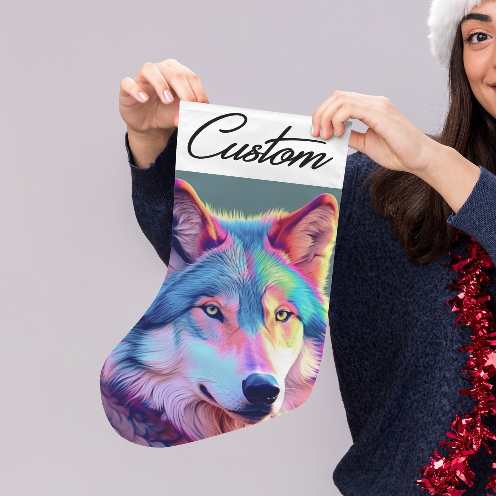Custom Rainbow Wolf Christmas Stocking – Personalized Vibrant Holiday Fireplace - Thumbnail 2