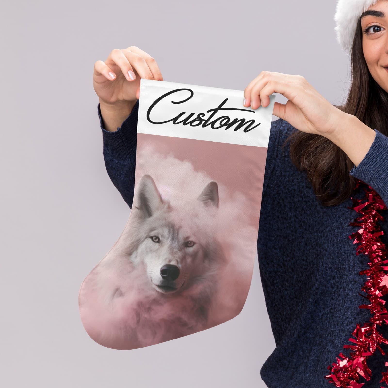 Custom Pink Cloud Wolf Christmas Stocking Personalized White Wolf Holiday Decor - Thumbnail 4