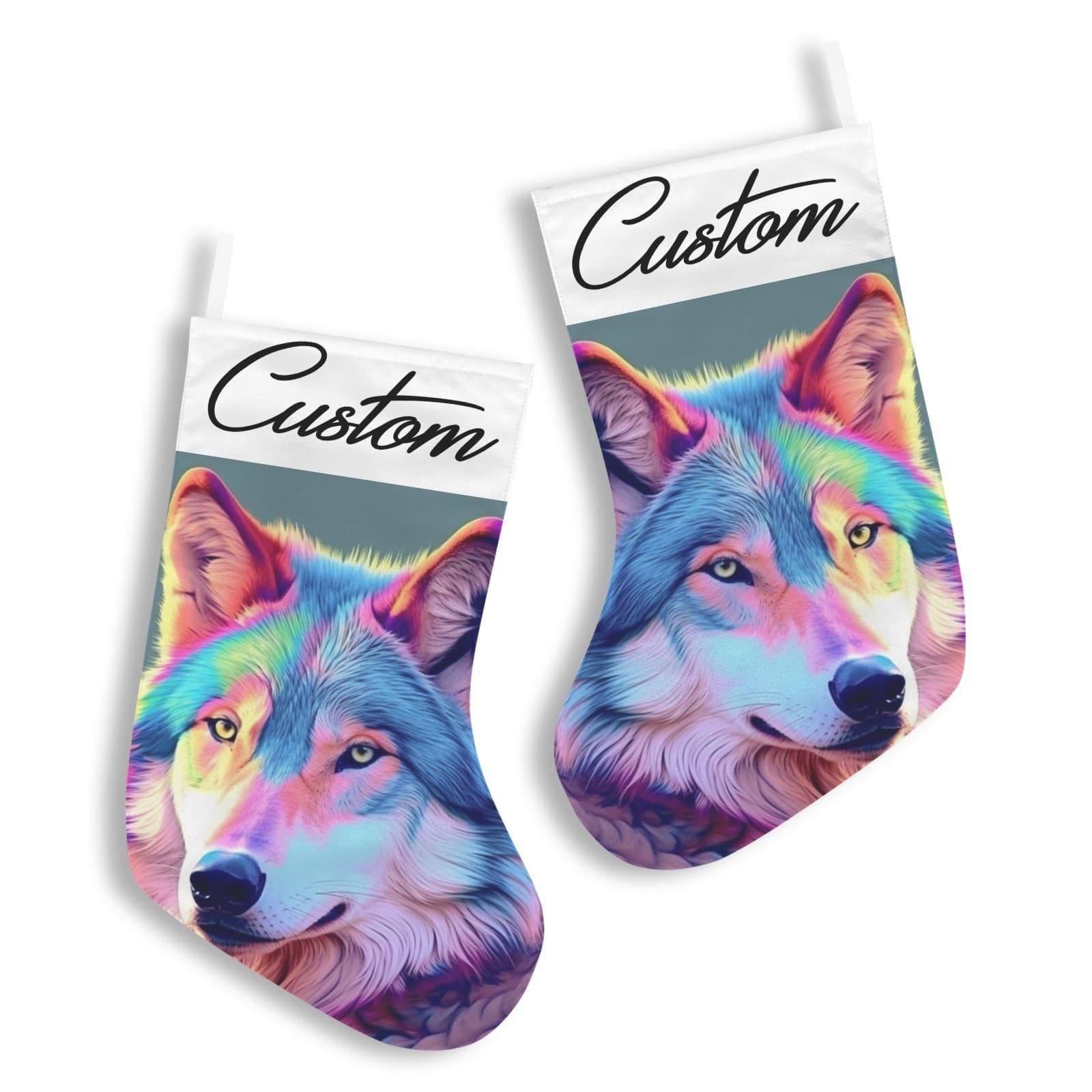 Custom Rainbow Wolf Christmas Stocking – Personalized Vibrant Holiday Fireplace - Thumbnail 5