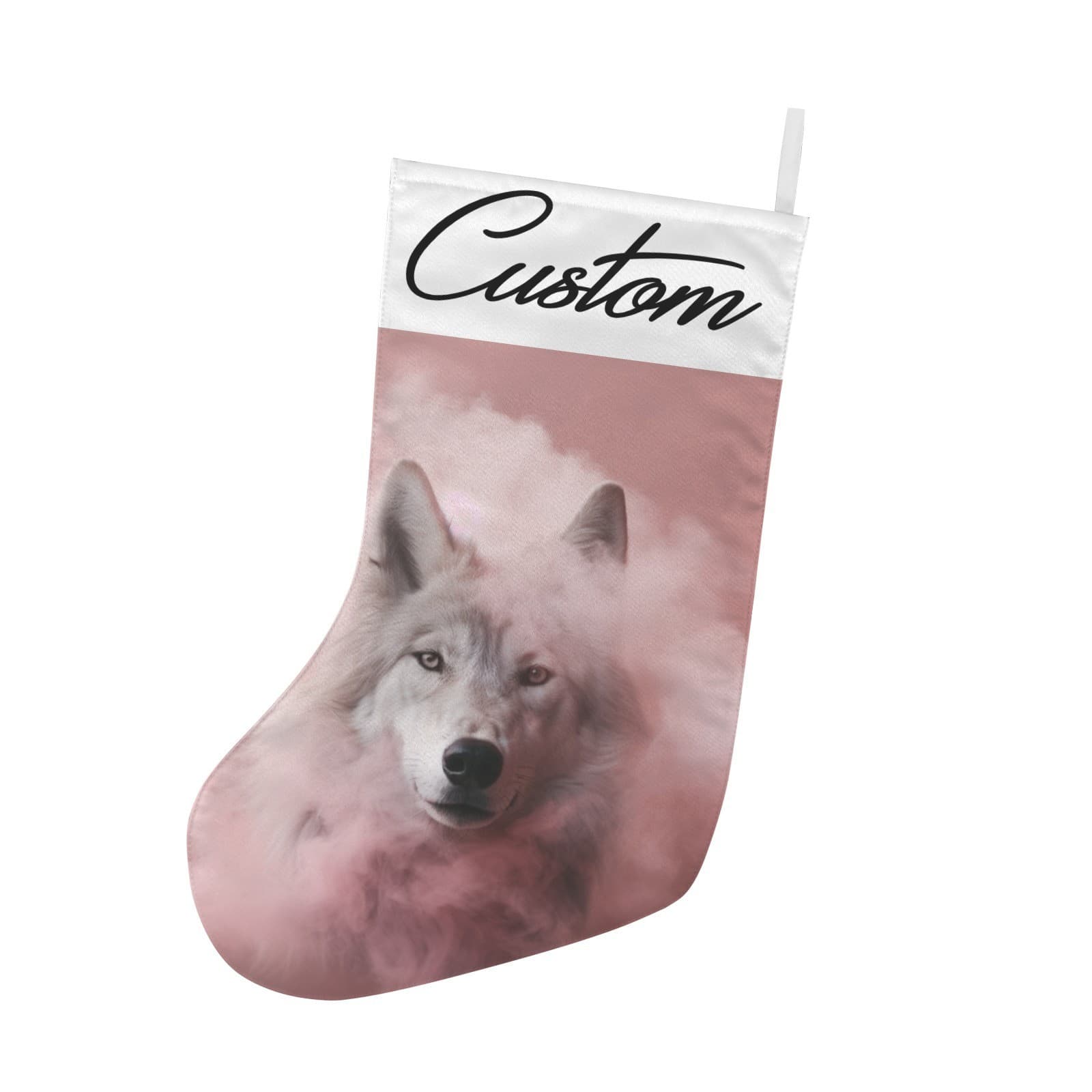 Custom Pink Cloud Wolf Christmas Stocking Personalized White Wolf Holiday Decor