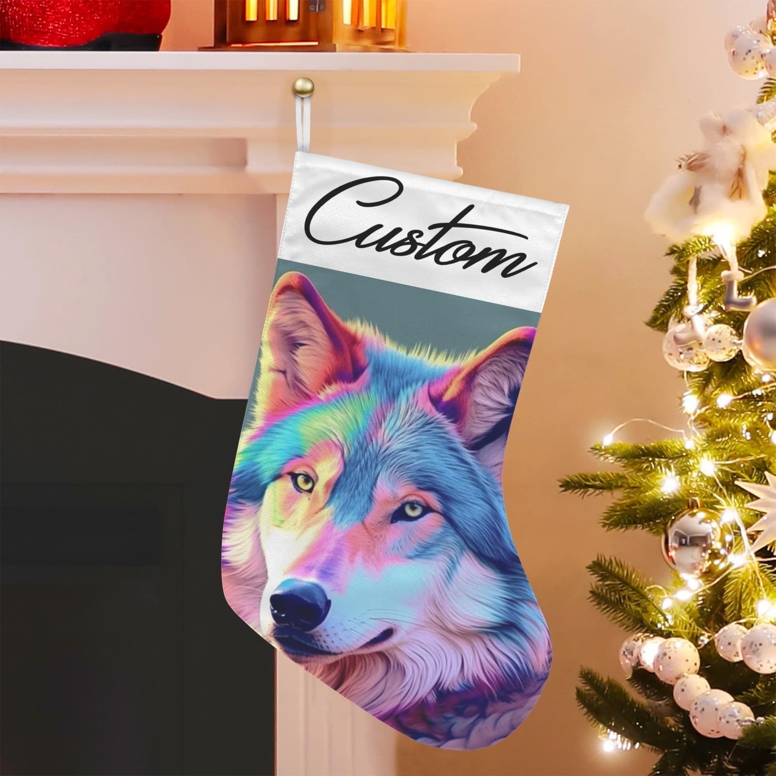 Custom Rainbow Wolf Christmas Stocking – Personalized Vibrant Holiday Fireplace - Thumbnail 3