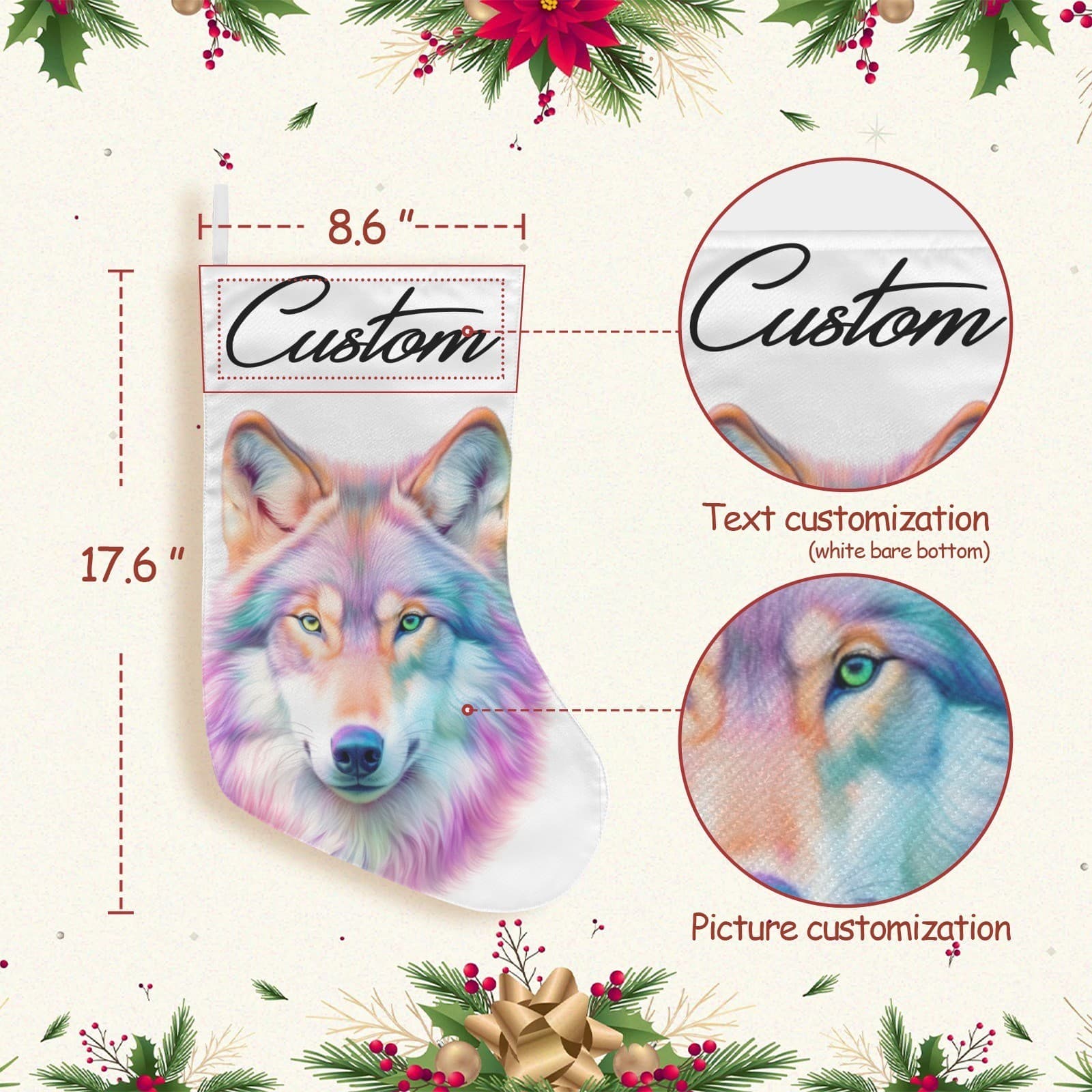 Custom Pastel Rainbow Wolf Christmas Stocking Personalized Colorful Holiday Deco - Thumbnail 2