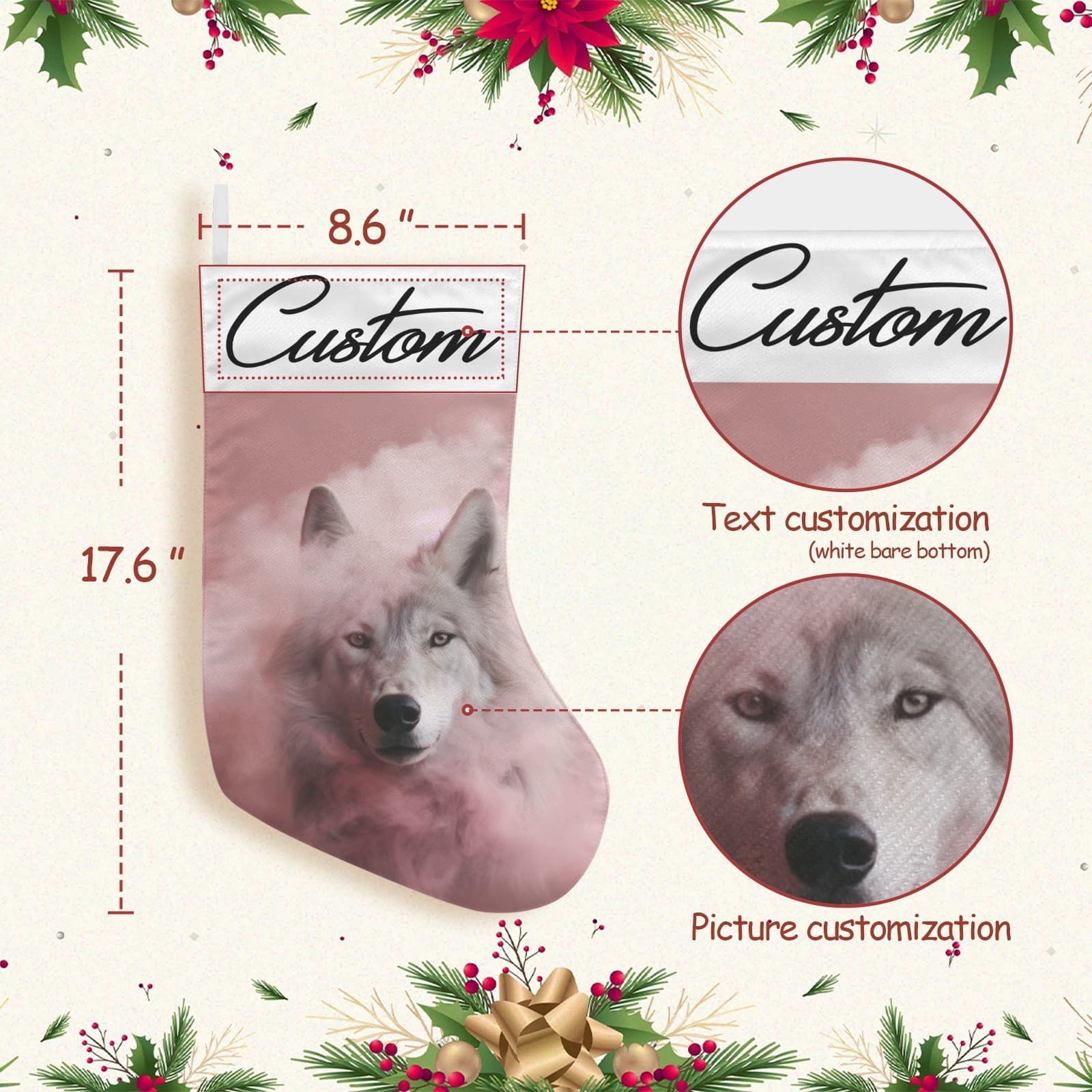 Custom Pink Cloud Wolf Christmas Stocking Personalized White Wolf Holiday Decor - Thumbnail 2